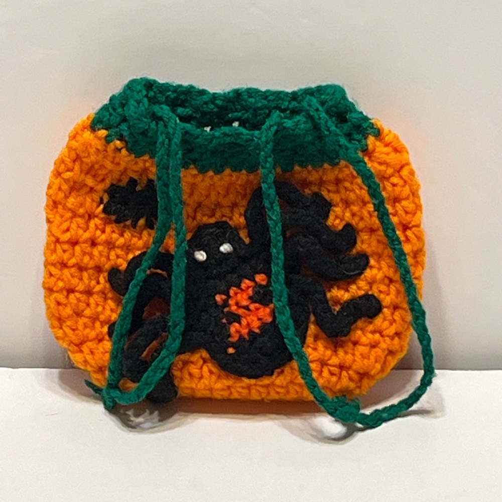 Crochet Orange and Green Trick Or Treat Bag Purse with Spider Design